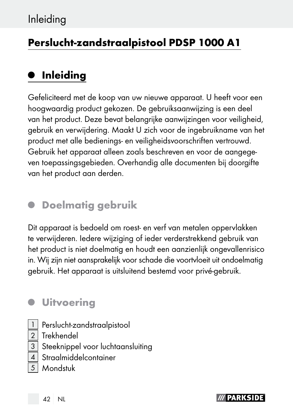 Inleiding inleiding / veiligheidsinstructies, Inleiding, Doelmatig gebruik | Uitvoering | Parkside PDSP 1000 A1 User Manual | Page 42 / 61
