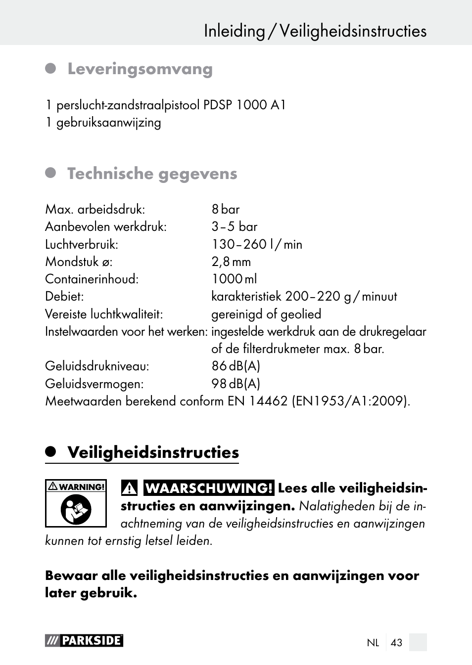 Inleiding inleiding / veiligheidsinstructies, Leveringsomvang, Technische gegevens | Veiligheidsinstructies | Parkside PDSP 1000 A1 User Manual | Page 43 / 61