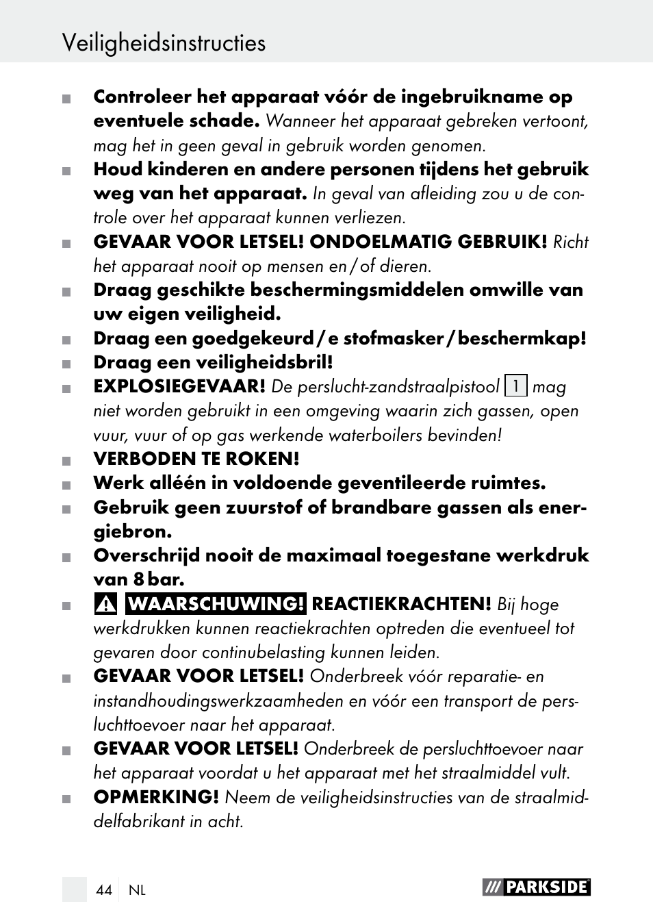 Veiligheidsinstructies, Veiligheidsinstructies / bediening | Parkside PDSP 1000 A1 User Manual | Page 44 / 61