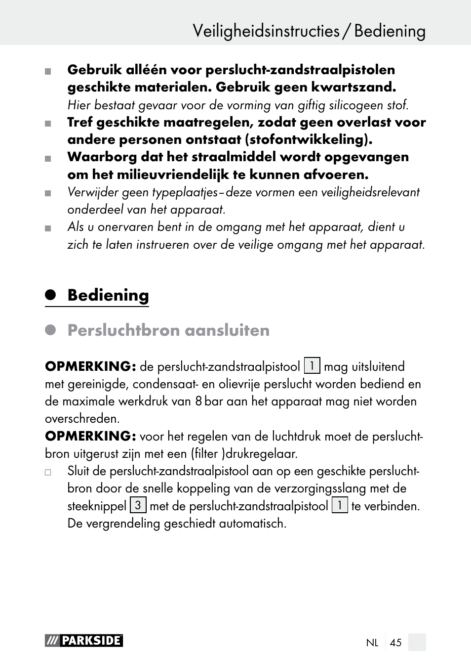 Bediening, Persluchtbron aansluiten | Parkside PDSP 1000 A1 User Manual | Page 45 / 61