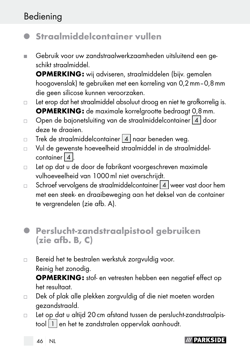 Bediening, Bediening / reiniging / service, Straalmiddelcontainer vullen | Parkside PDSP 1000 A1 User Manual | Page 46 / 61
