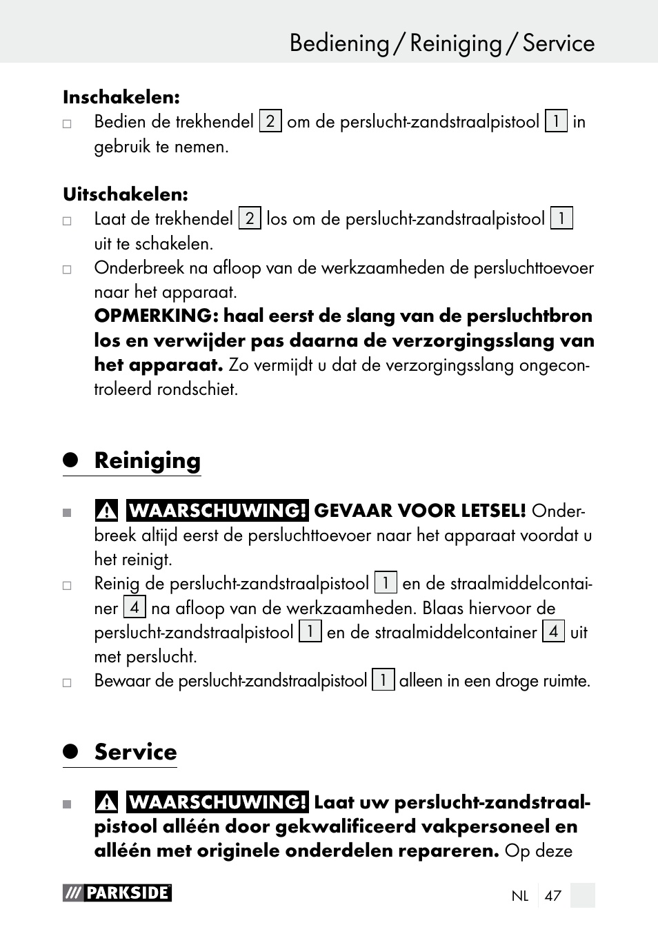 Bediening bediening / reiniging / service, Reiniging, Service | Parkside PDSP 1000 A1 User Manual | Page 47 / 61