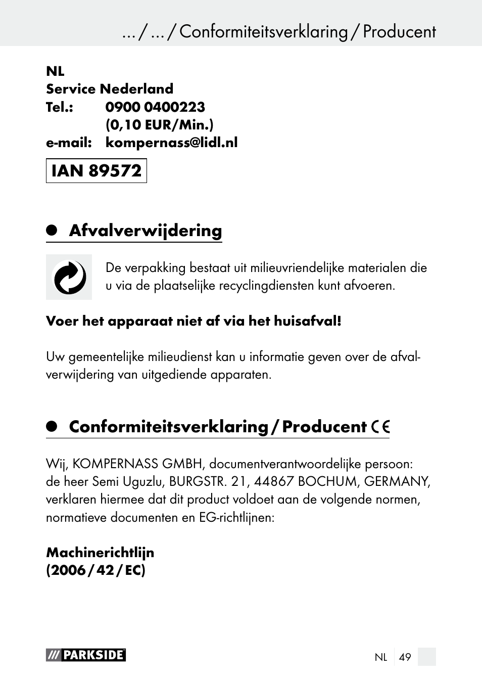 Afvalverwijdering, Conformiteitsverklaring / producent | Parkside PDSP 1000 A1 User Manual | Page 49 / 61