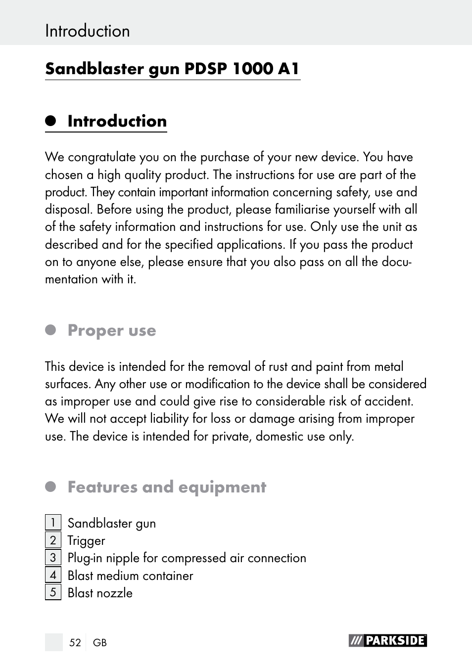 Introduction, Introduction / safety advice, Proper use | Features and equipment | Parkside PDSP 1000 A1 User Manual | Page 52 / 61