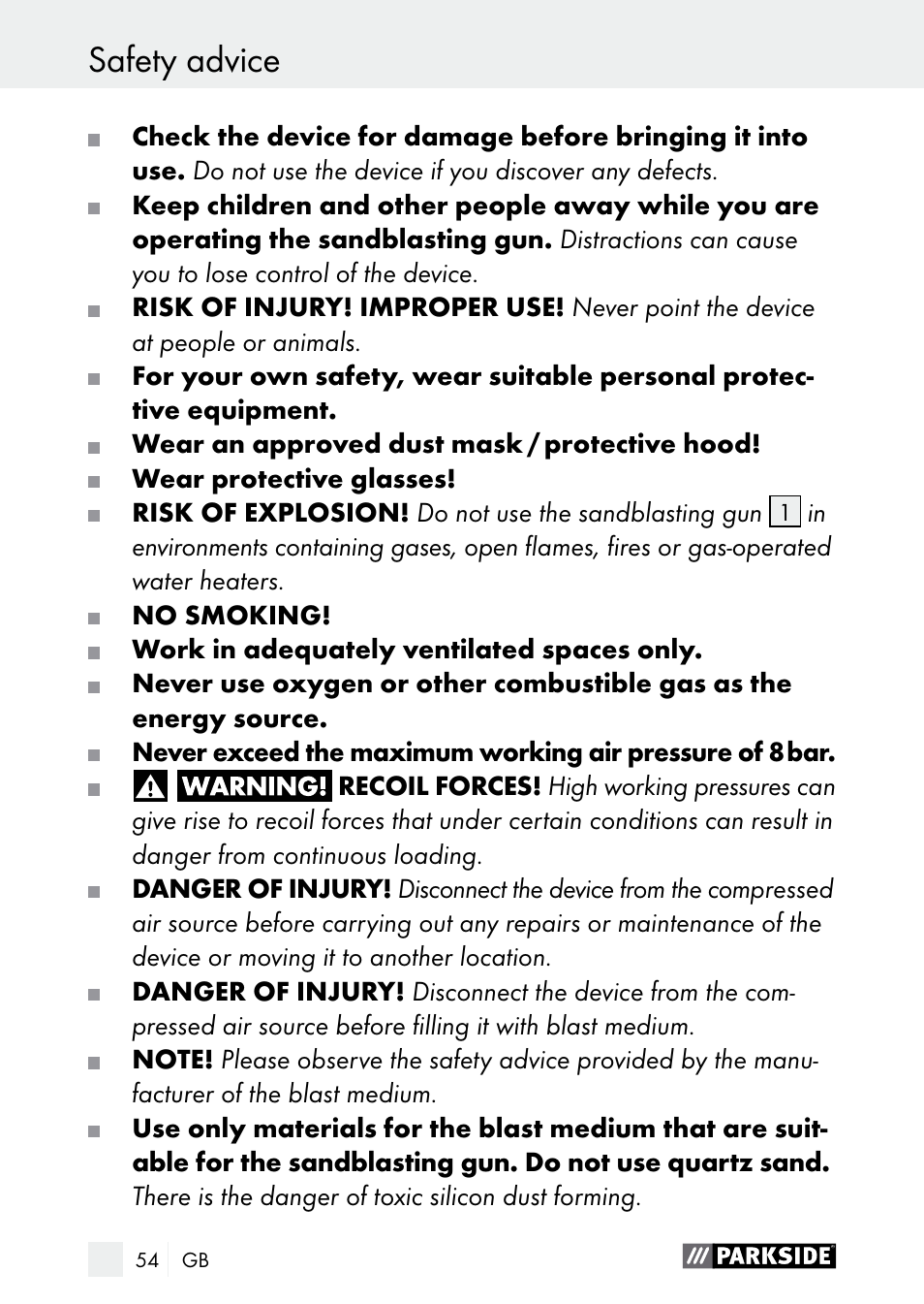 Safety advice, Safety advice / operation | Parkside PDSP 1000 A1 User Manual | Page 54 / 61