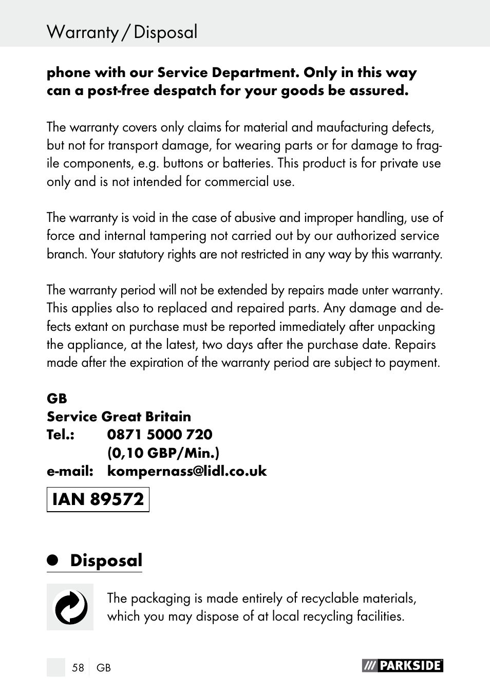 Warranty / disposal, Disposal | Parkside PDSP 1000 A1 User Manual | Page 58 / 61