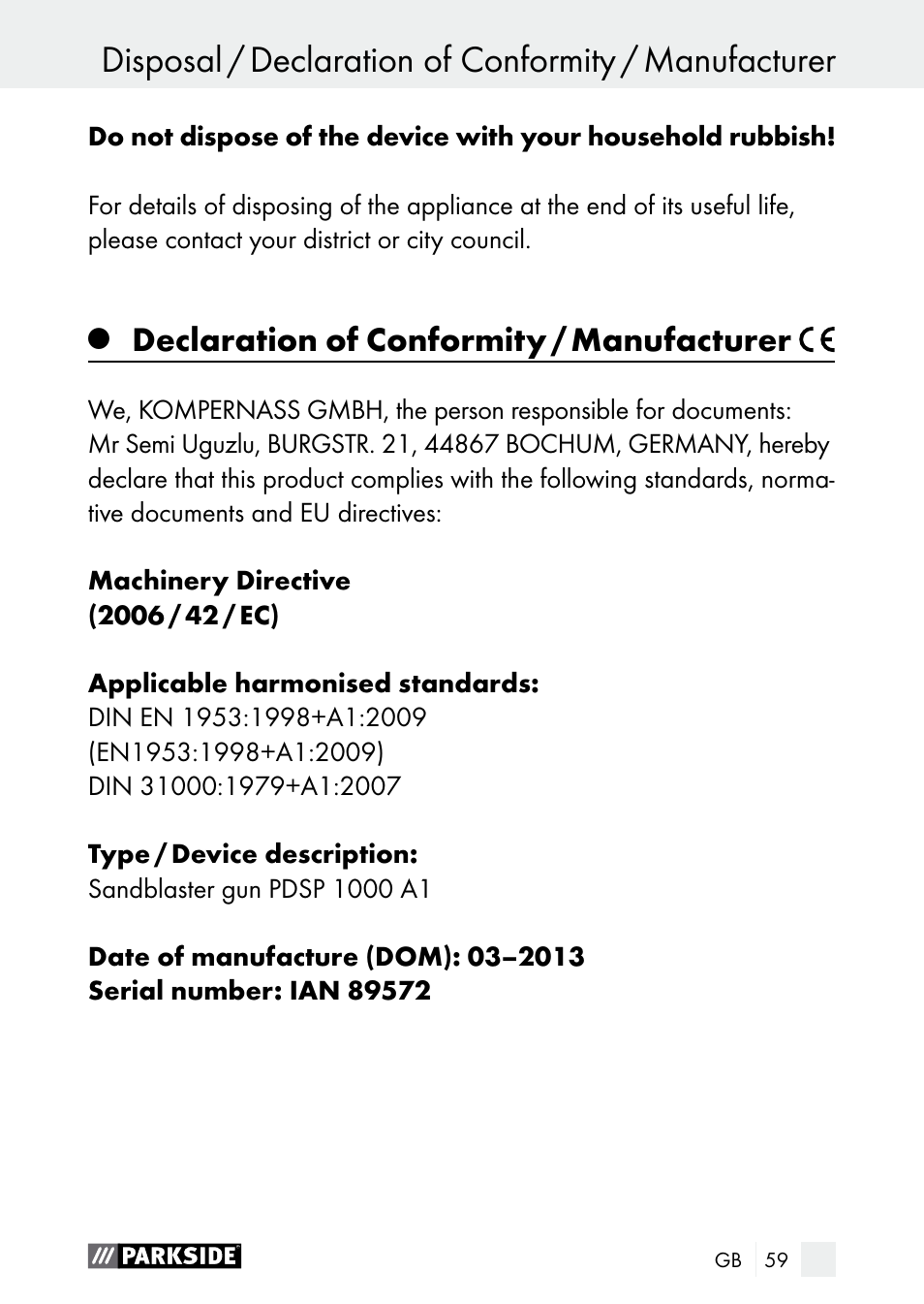 Declaration of conformity / manufacturer | Parkside PDSP 1000 A1 User Manual | Page 59 / 61