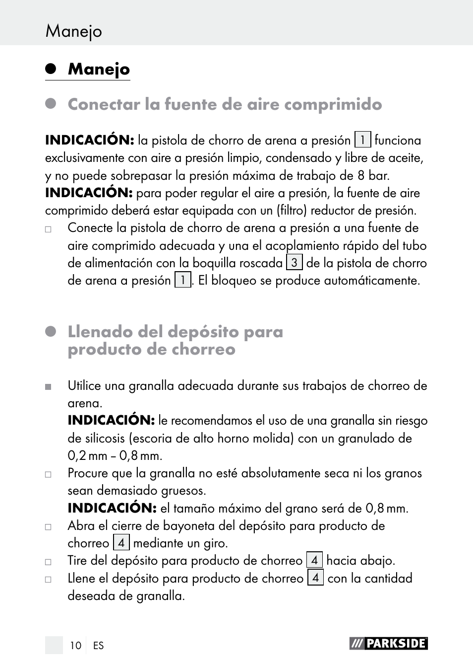 Manejo, Conectar la fuente de aire comprimido, Llenado del depósito para producto de chorreo | Parkside PDSP 1000 A1 User Manual | Page 10 / 60