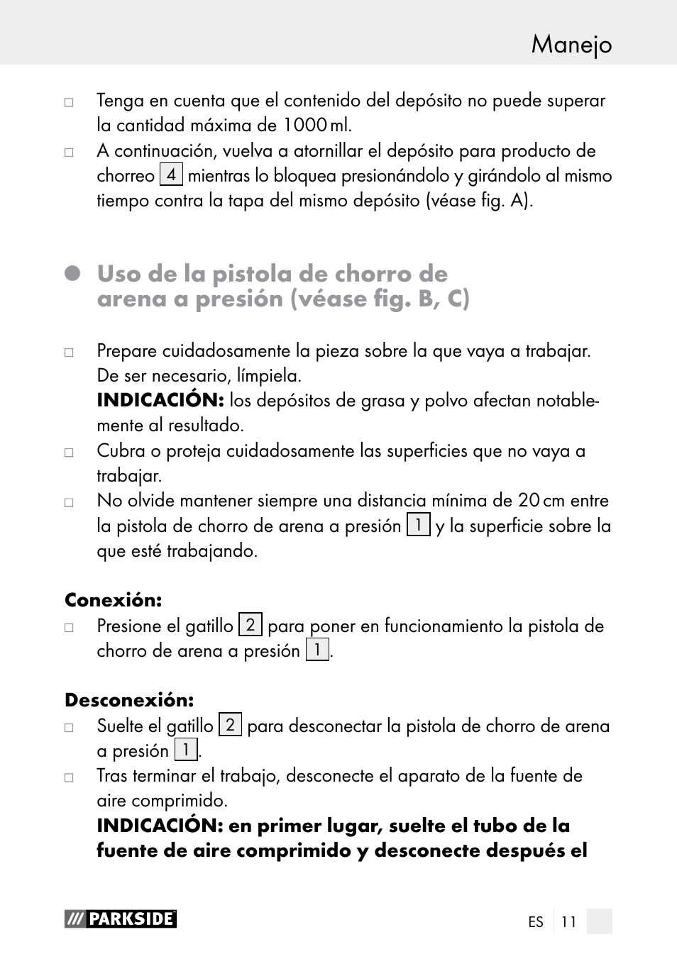 Manejo | Parkside PDSP 1000 A1 User Manual | Page 11 / 60