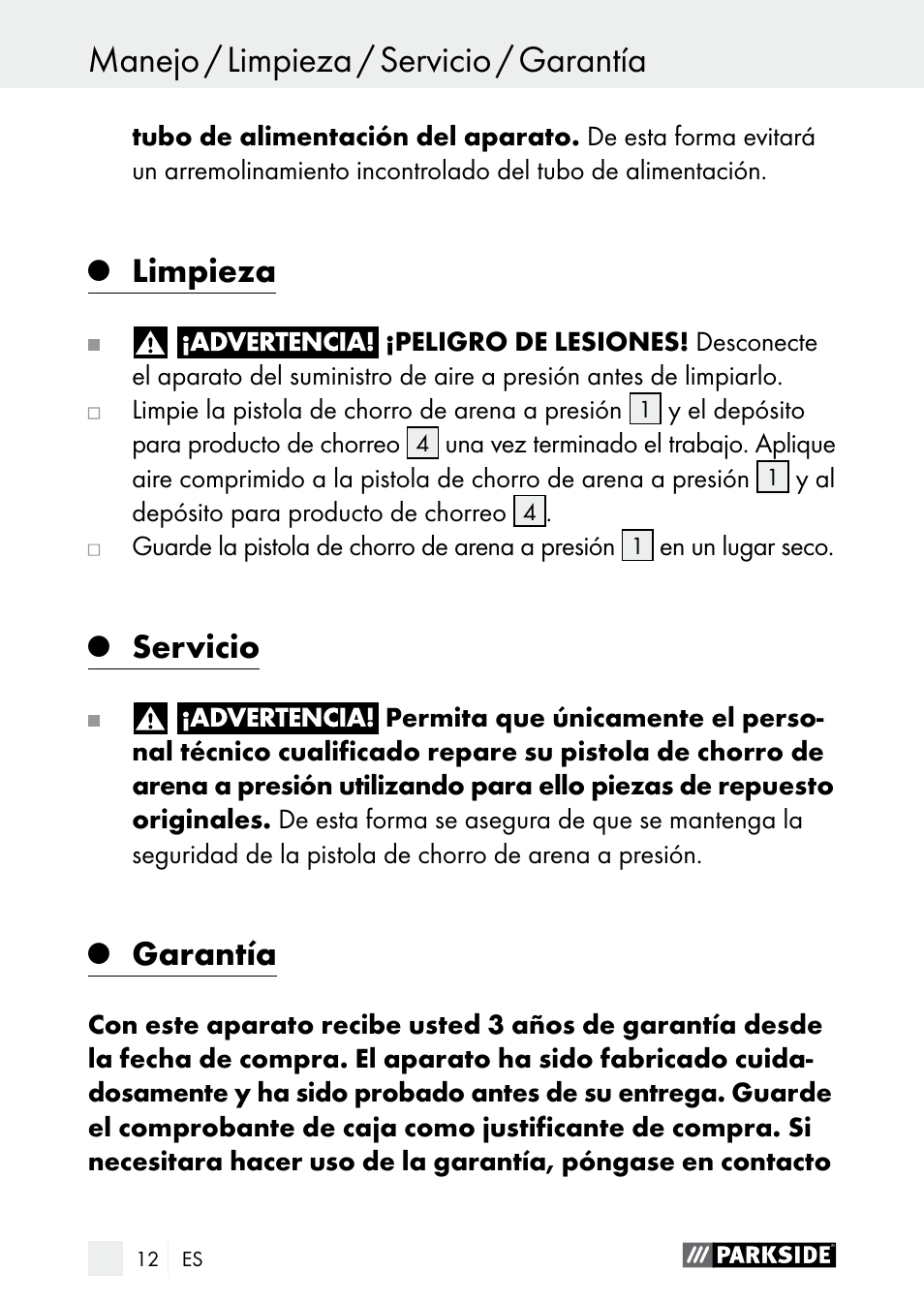 Garantía manejo / limpieza / servicio / garantía, Limpieza, Servicio | Garantía | Parkside PDSP 1000 A1 User Manual | Page 12 / 60