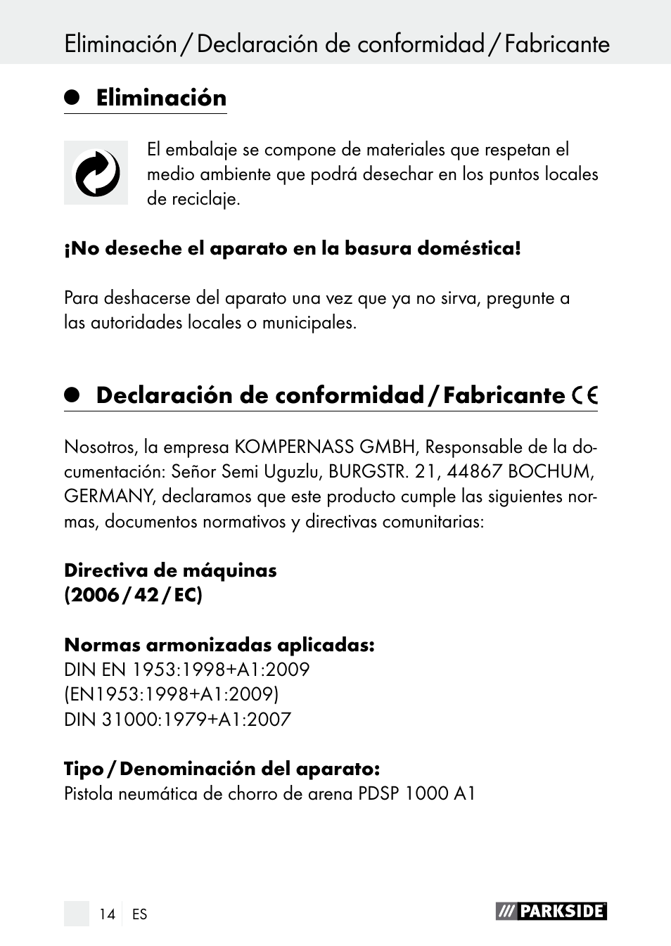 Eliminación, Declaración de conformidad / fabricante | Parkside PDSP 1000 A1 User Manual | Page 14 / 60