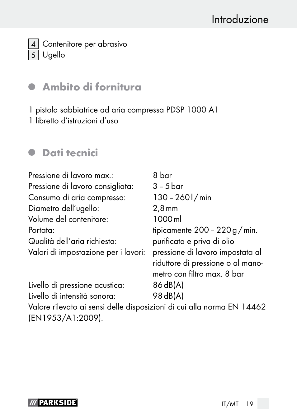 Introduzione, Ambito di fornitura, Dati tecnici | Parkside PDSP 1000 A1 User Manual | Page 19 / 60