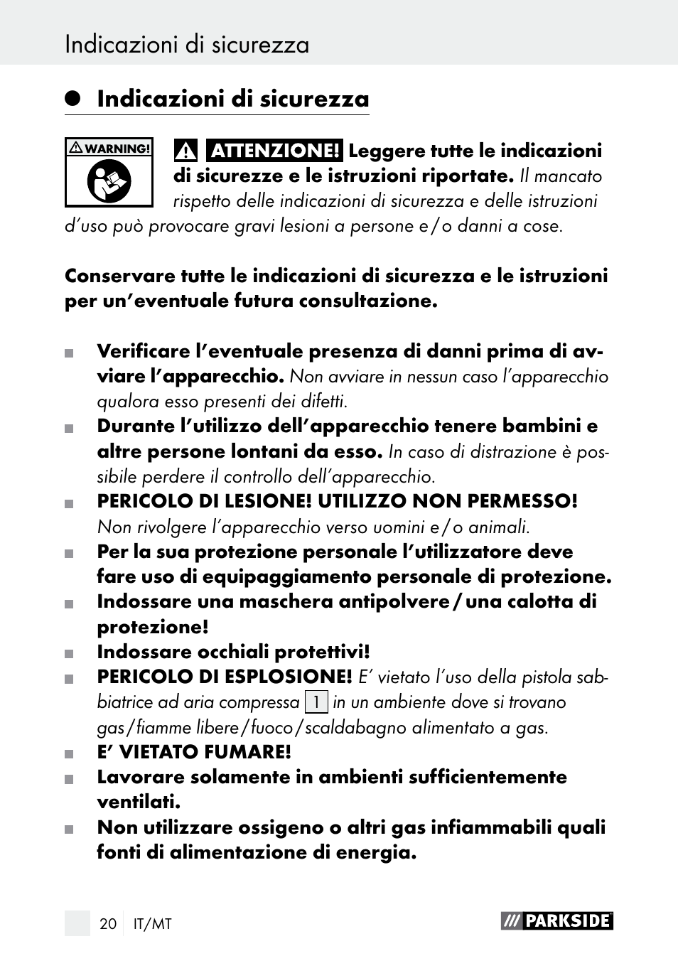Indicazioni di sicurezza | Parkside PDSP 1000 A1 User Manual | Page 20 / 60