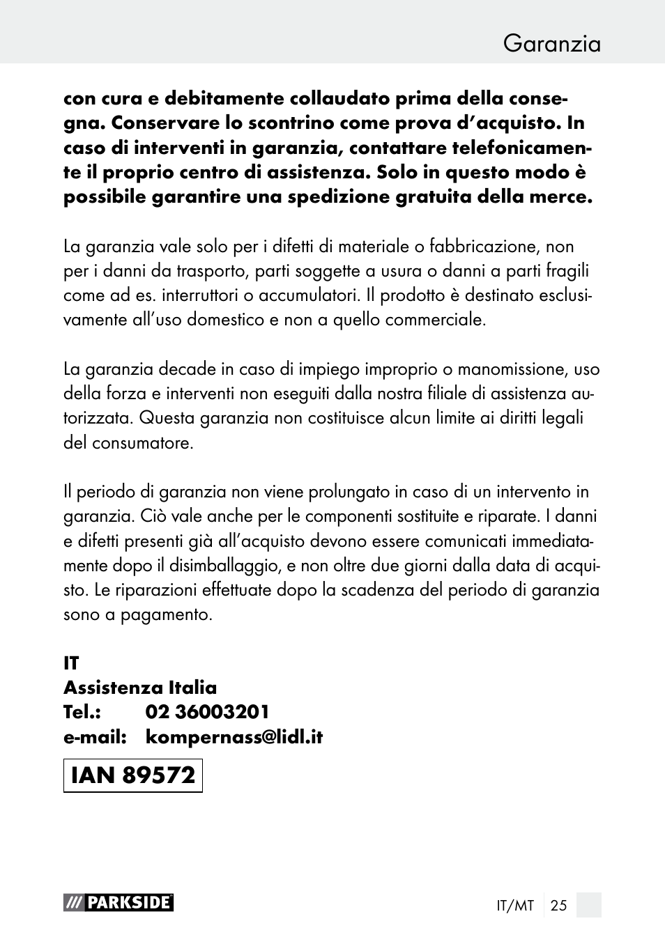Garanzia, Funzionamento / pulizia / assistenza / garanzia | Parkside PDSP 1000 A1 User Manual | Page 25 / 60