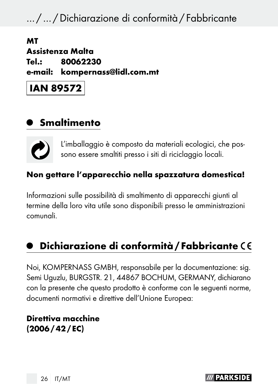 Smaltimento, Dichiarazione di conformità / fabbricante | Parkside PDSP 1000 A1 User Manual | Page 26 / 60