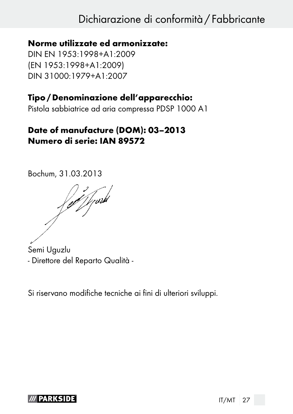 Parkside PDSP 1000 A1 User Manual | Page 27 / 60