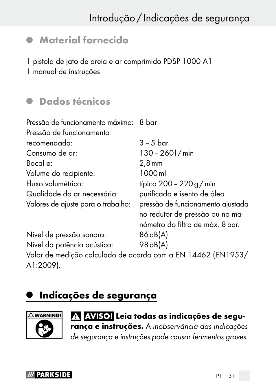 Introdução / indicações de segurança, Introdução, Material fornecido | Dados técnicos, Indicações de segurança | Parkside PDSP 1000 A1 User Manual | Page 31 / 60