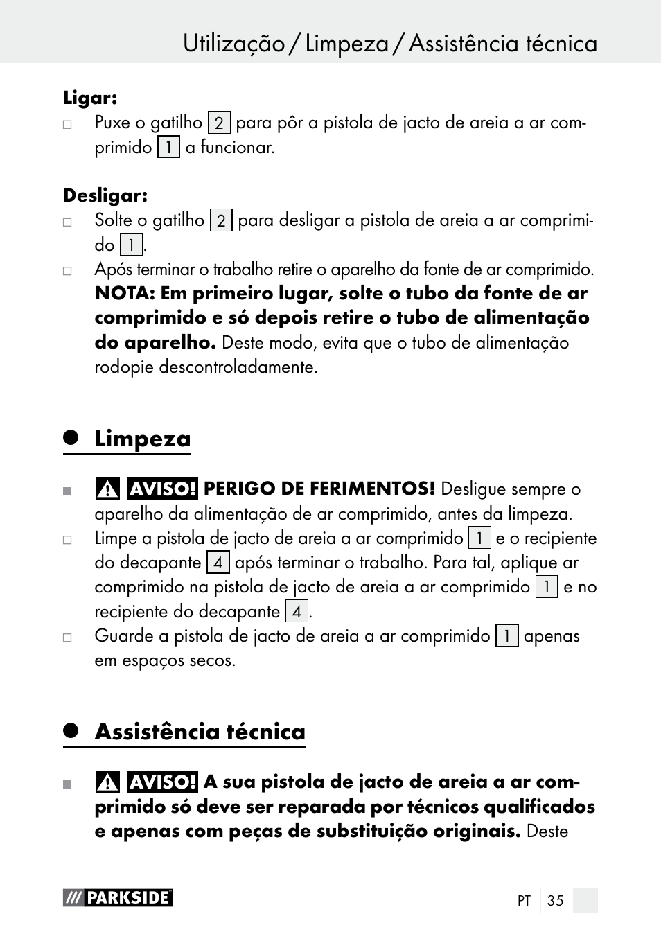 Limpeza, Assistência técnica | Parkside PDSP 1000 A1 User Manual | Page 35 / 60