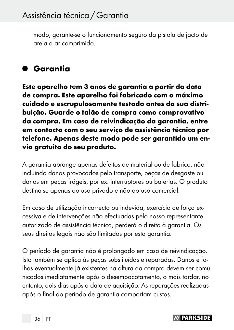 Garantia | Parkside PDSP 1000 A1 User Manual | Page 36 / 60