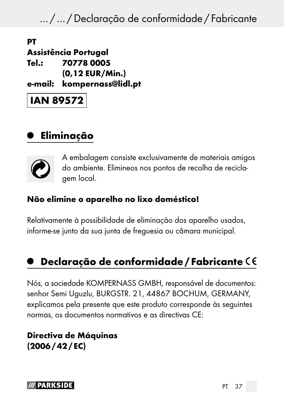 Eliminação, Declaração de conformidade / fabricante | Parkside PDSP 1000 A1 User Manual | Page 37 / 60