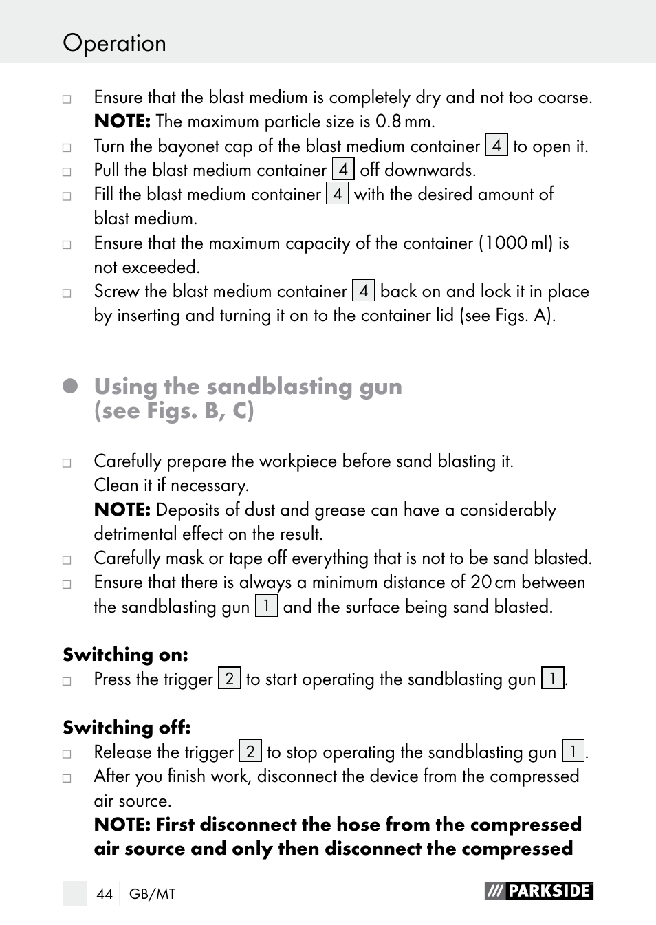 Using the sandblasting gun (see figs. b, c) | Parkside PDSP 1000 A1 User Manual | Page 44 / 60