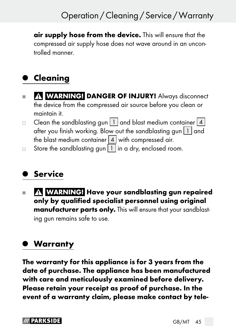 Operation / cleaning / service / warranty, Operation, Cleaning | Service, Warranty | Parkside PDSP 1000 A1 User Manual | Page 45 / 60