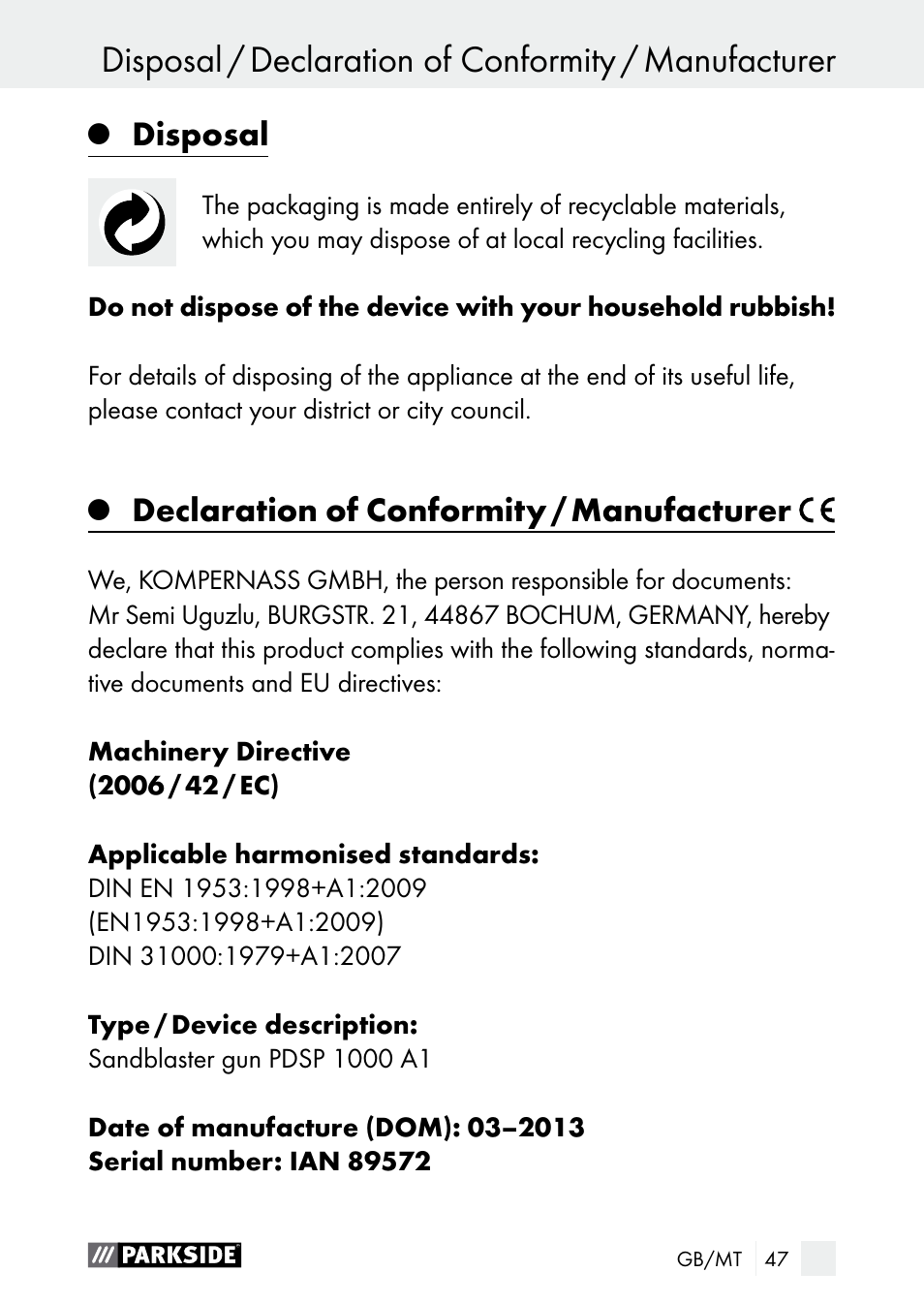 Warranty, Disposal, Declaration of conformity / manufacturer | Parkside PDSP 1000 A1 User Manual | Page 47 / 60