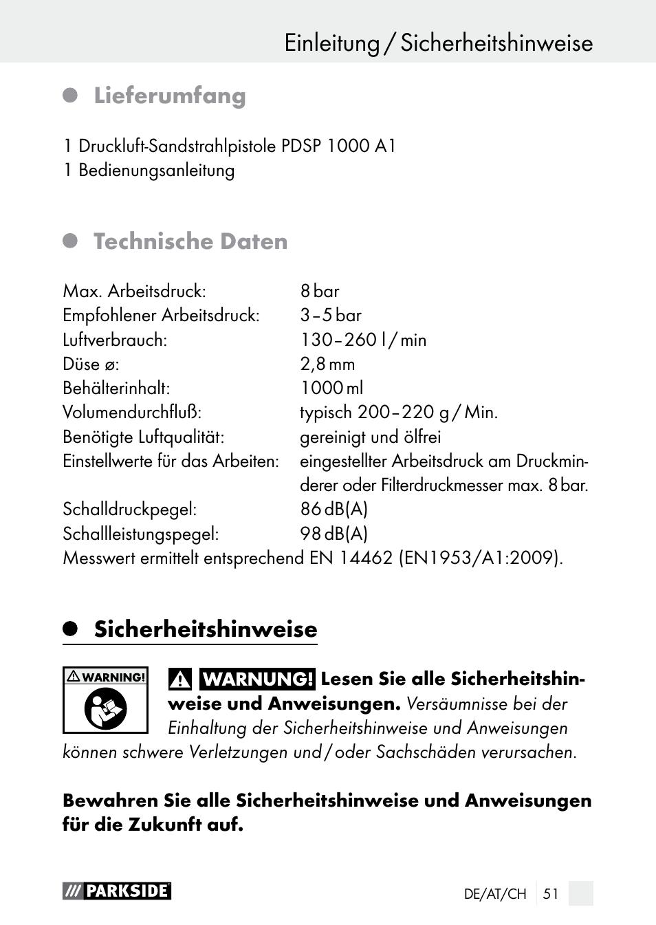 Einleitung, Einleitung / sicherheitshinweise, Lieferumfang | Technische daten, Sicherheitshinweise | Parkside PDSP 1000 A1 User Manual | Page 51 / 60