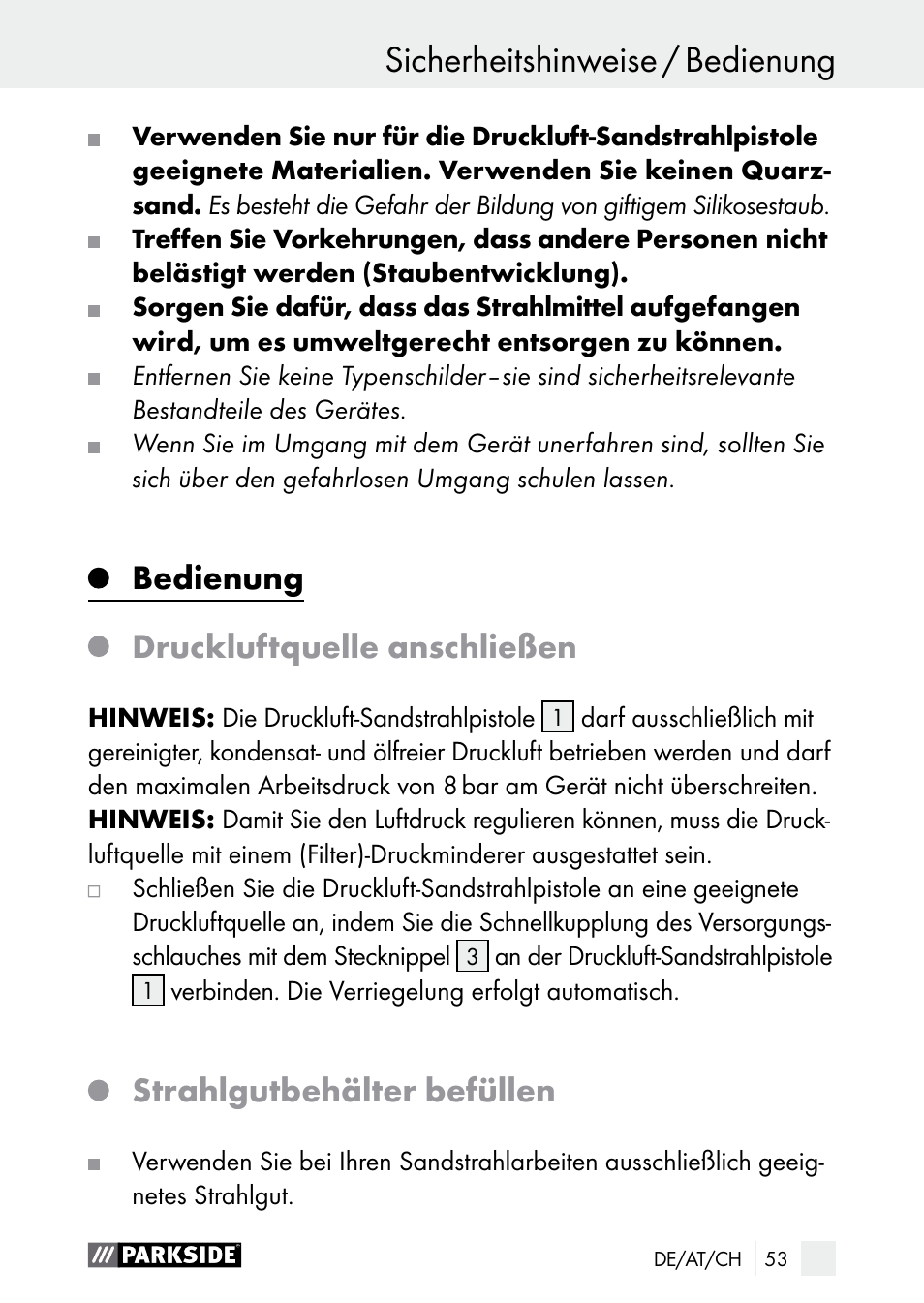Sicherheitshinweise / bedienung, Einleitung / sicherheitshinweise, Bedienung | Druckluftquelle anschließen, Strahlgutbehälter befüllen | Parkside PDSP 1000 A1 User Manual | Page 53 / 60