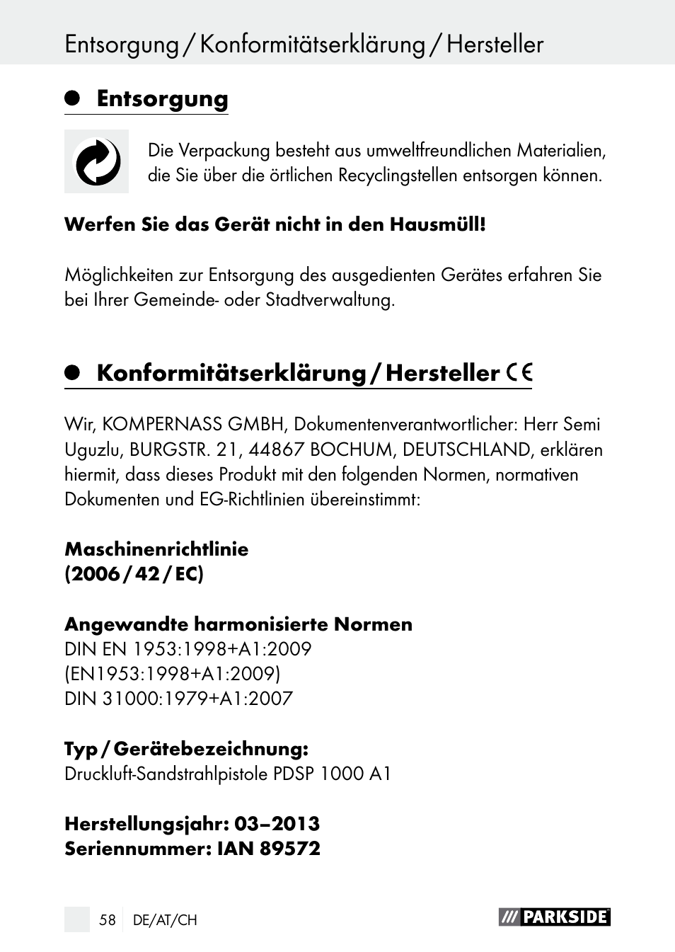 Entsorgung / konformitätserklärung / hersteller, Entsorgung, Konformitätserklärung / hersteller | Parkside PDSP 1000 A1 User Manual | Page 58 / 60