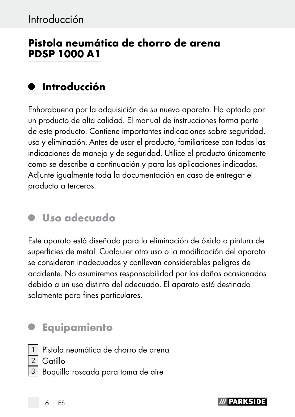 Introducción, Uso adecuado, Equipamiento | Parkside PDSP 1000 A1 User Manual | Page 6 / 60