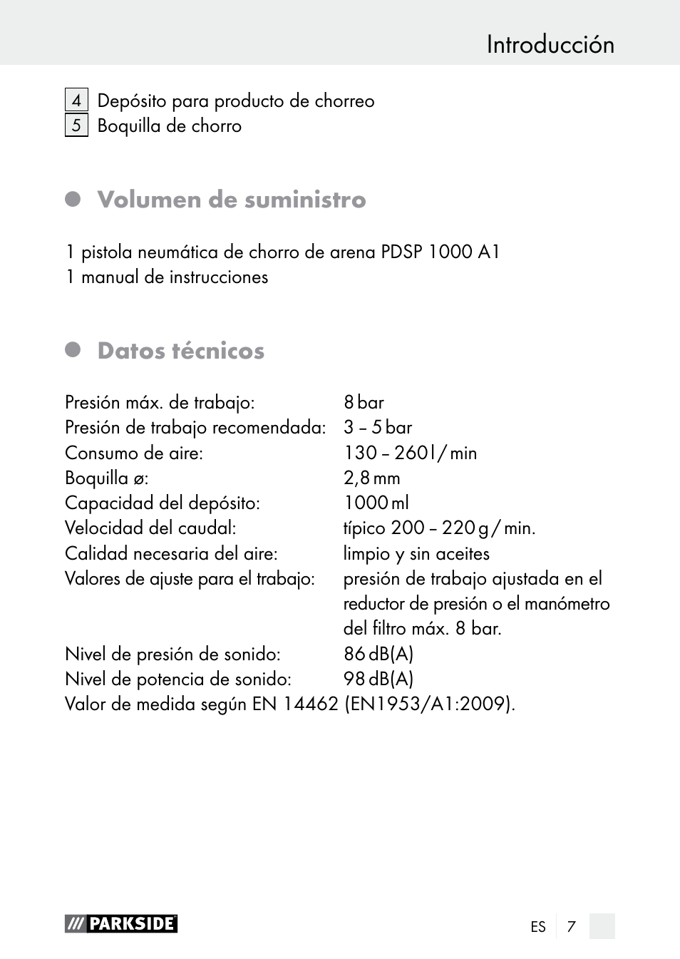 Introducción, Volumen de suministro, Datos técnicos | Parkside PDSP 1000 A1 User Manual | Page 7 / 60