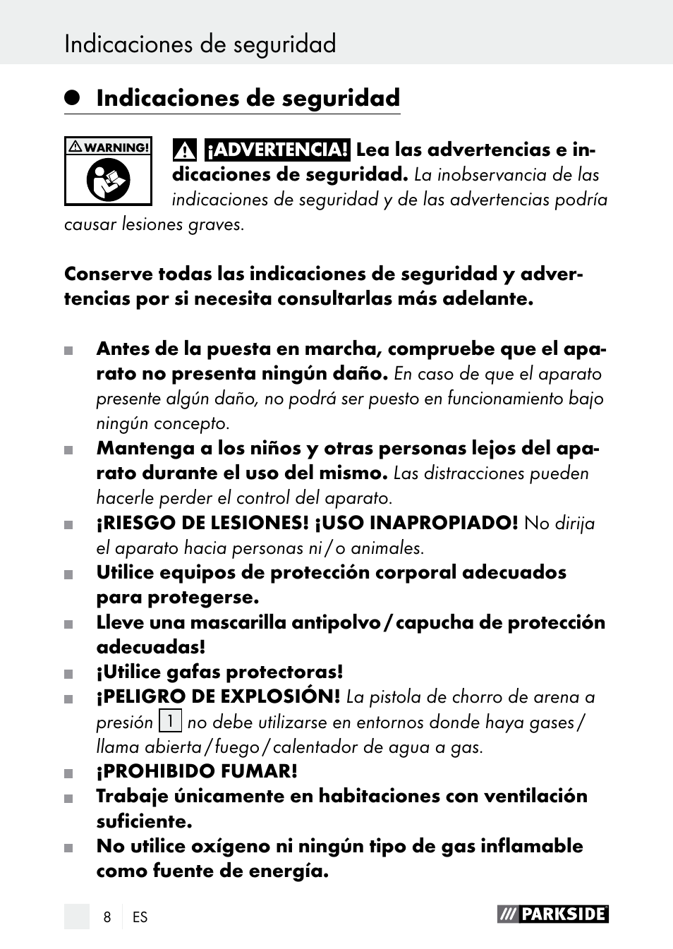 Indicaciones de seguridad | Parkside PDSP 1000 A1 User Manual | Page 8 / 60