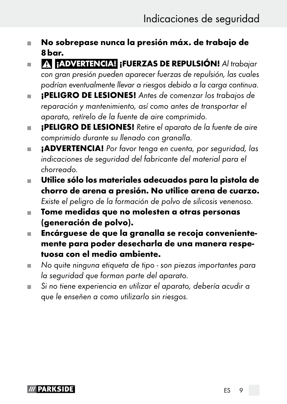 Indicaciones de seguridad | Parkside PDSP 1000 A1 User Manual | Page 9 / 60