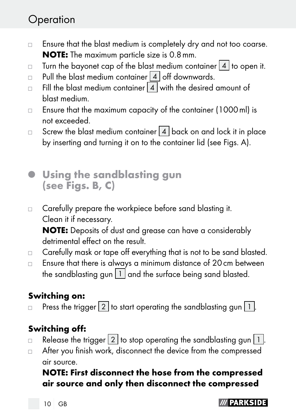 Using the sandblasting gun (see figs. b, c) | Parkside PDSP 1000 A1 User Manual | Page 10 / 80