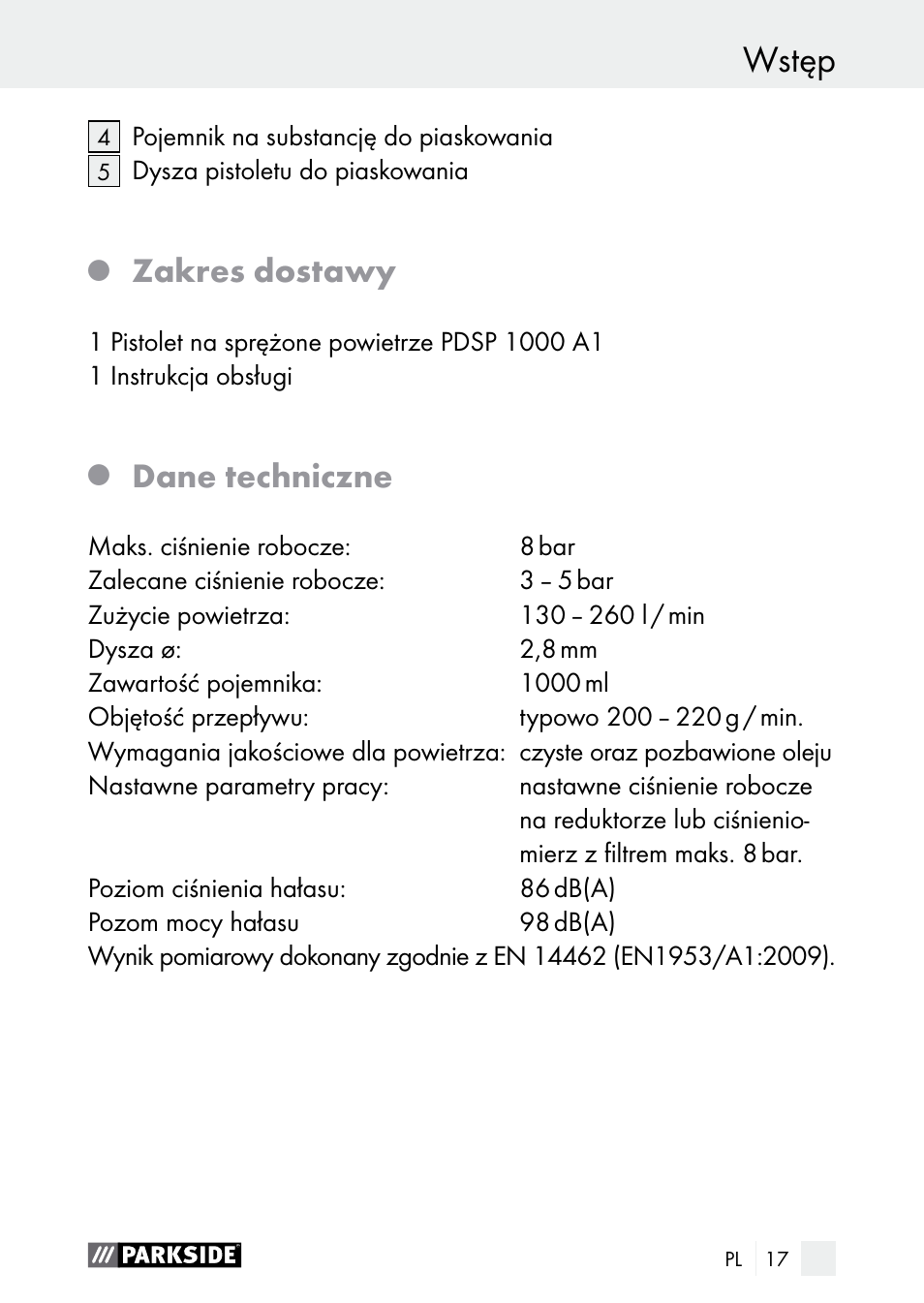 Wstęp, Zakres dostawy, Dane techniczne | Parkside PDSP 1000 A1 User Manual | Page 17 / 80