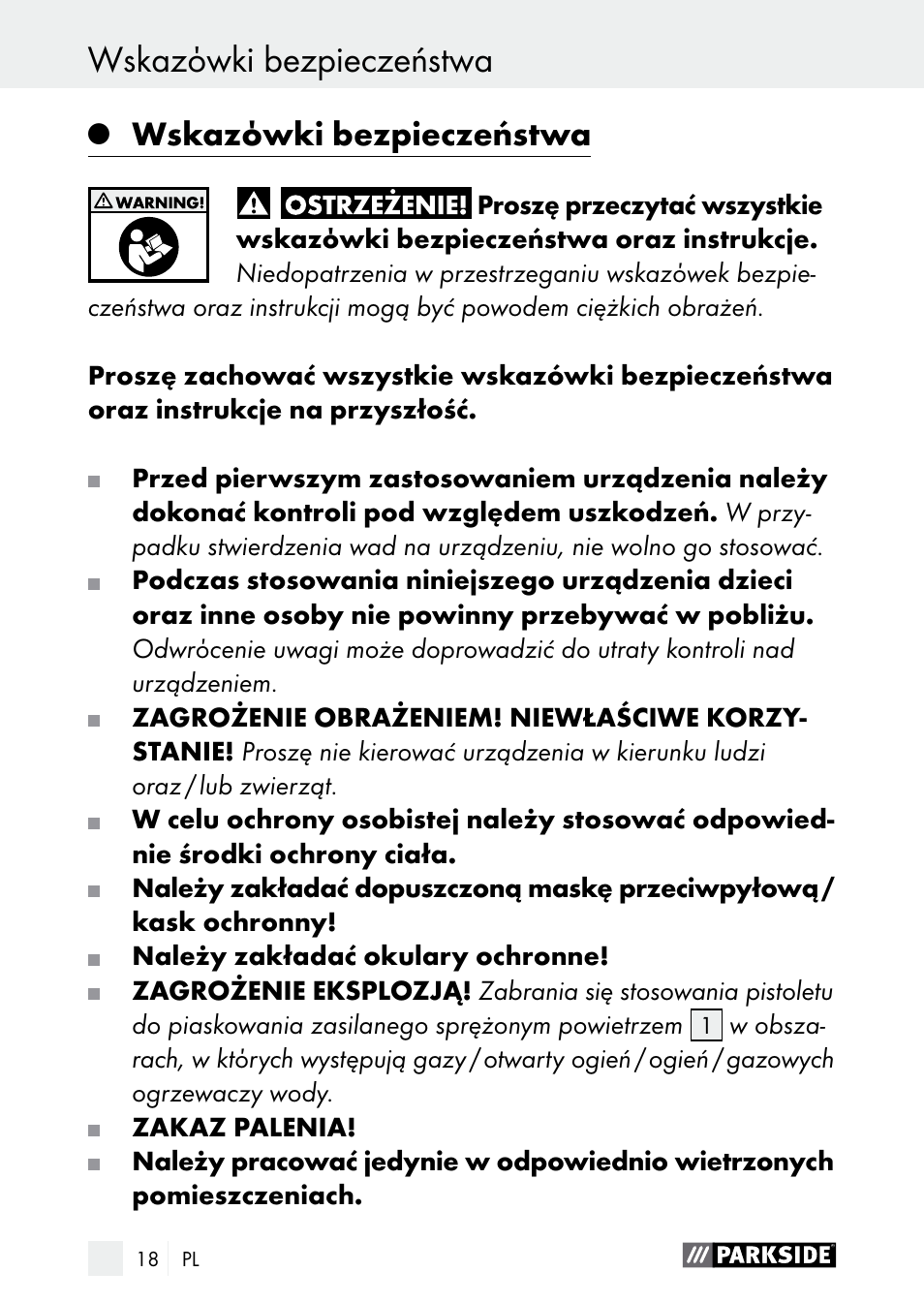 Wskazόwki bezpieczeństwa | Parkside PDSP 1000 A1 User Manual | Page 18 / 80