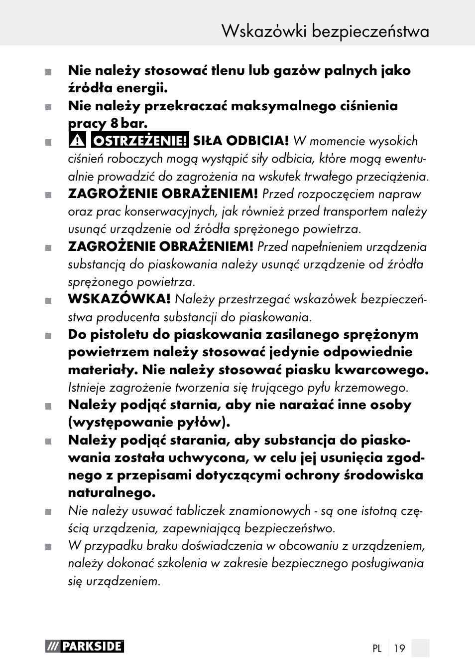 Wskazόwki bezpieczeństwa | Parkside PDSP 1000 A1 User Manual | Page 19 / 80