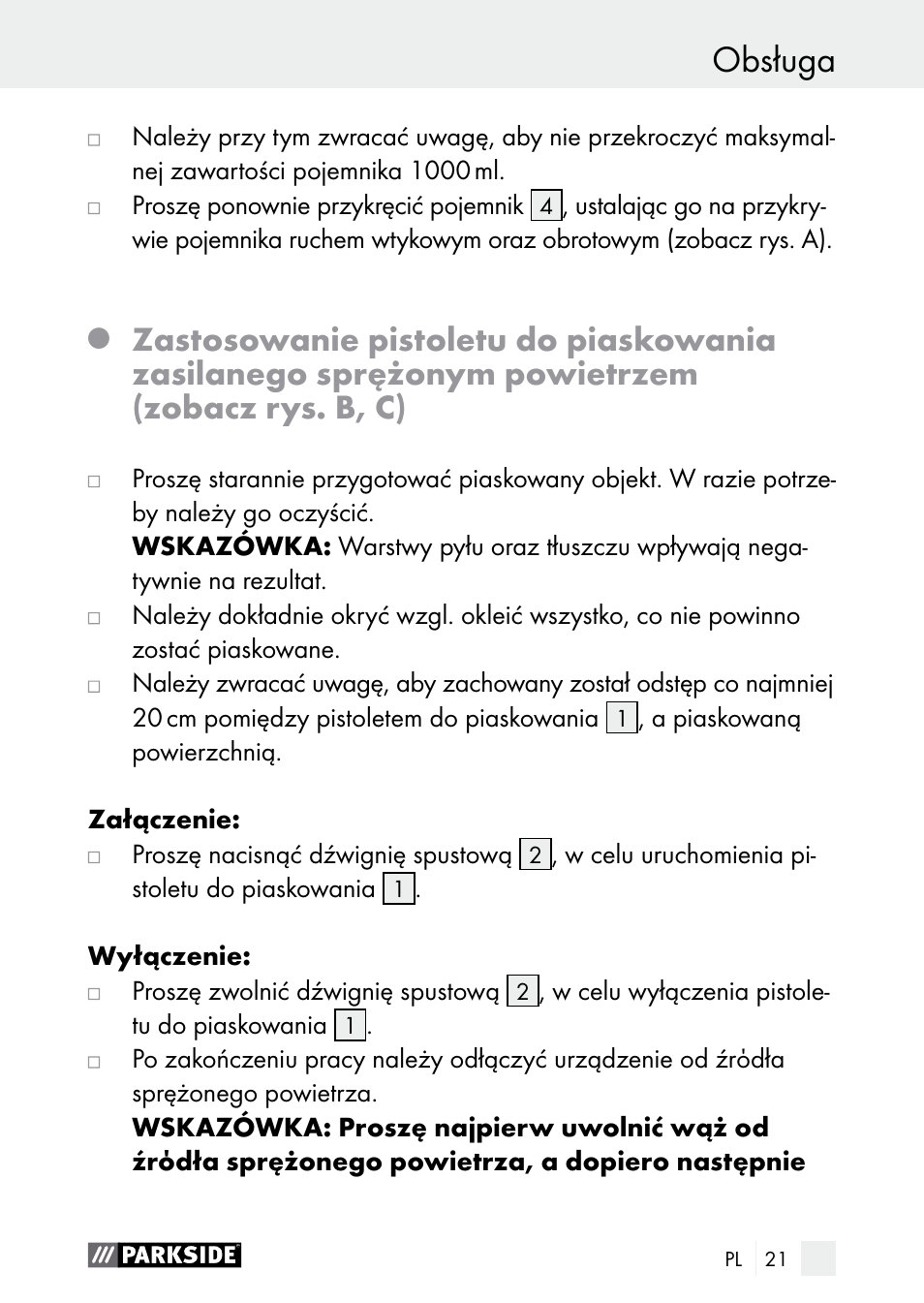 Obsługa | Parkside PDSP 1000 A1 User Manual | Page 21 / 80