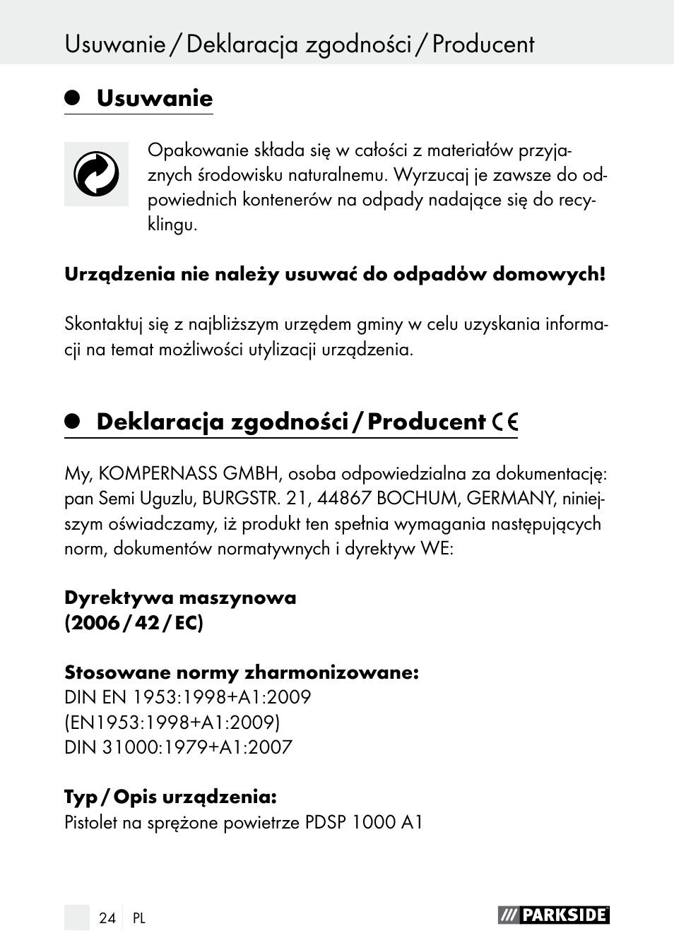 Usuwanie, Deklaracja zgodności / producent | Parkside PDSP 1000 A1 User Manual | Page 24 / 80