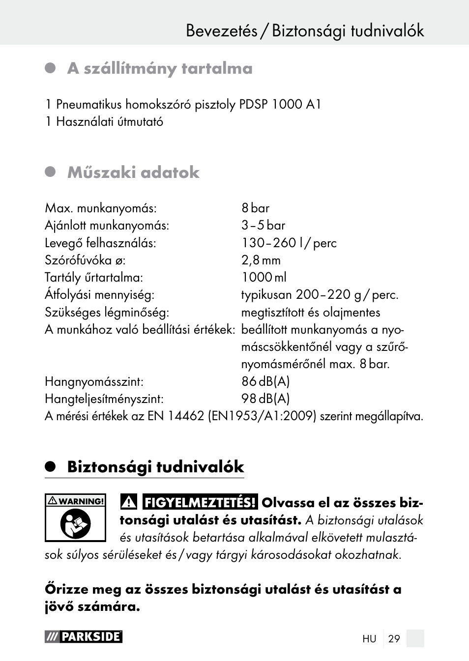 Bevezetés / biztonsági tudnivalók, Bevezetés, A szállítmány tartalma | Műszaki adatok, Biztonsági tudnivalók | Parkside PDSP 1000 A1 User Manual | Page 29 / 80