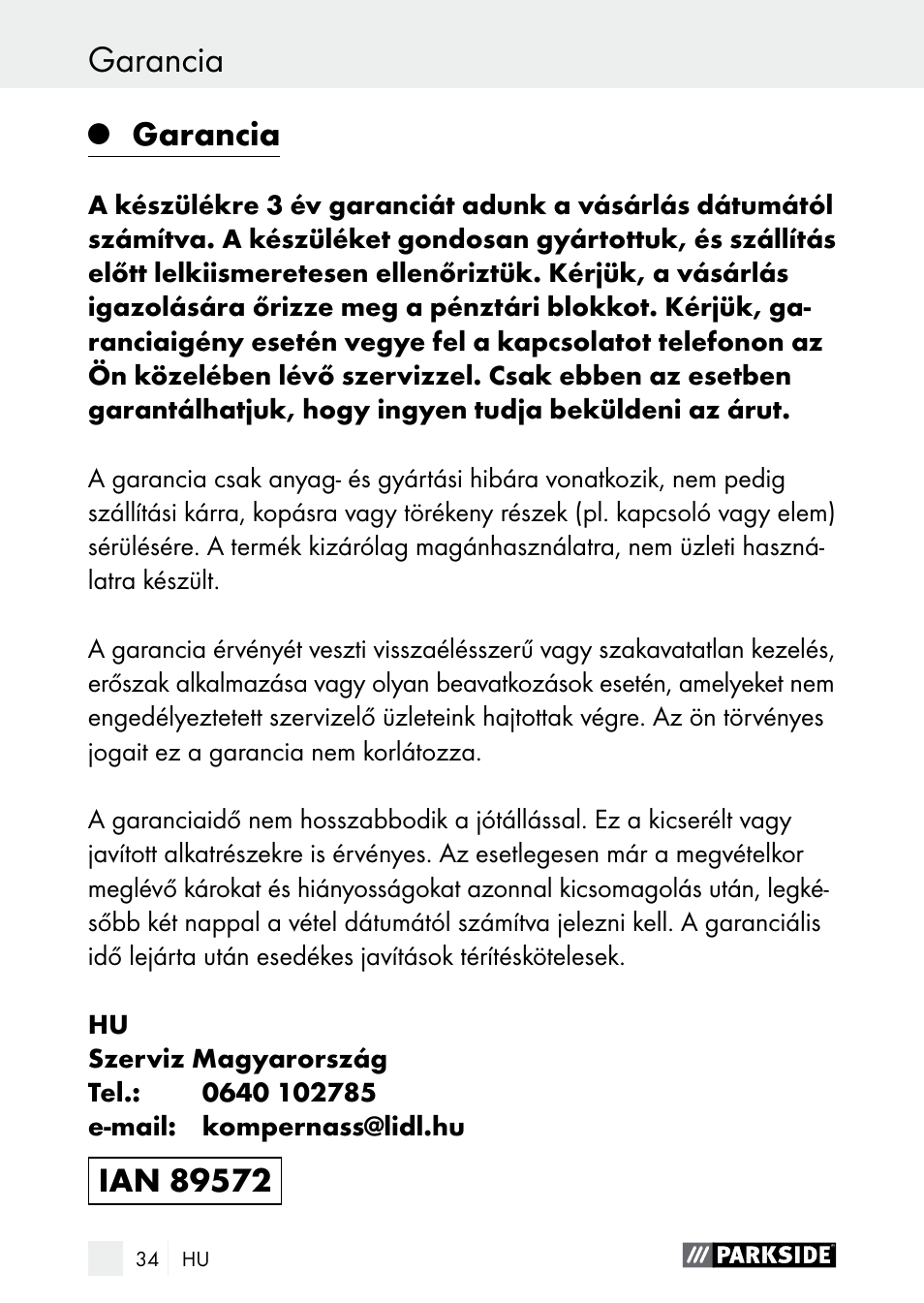 Garancia | Parkside PDSP 1000 A1 User Manual | Page 34 / 80