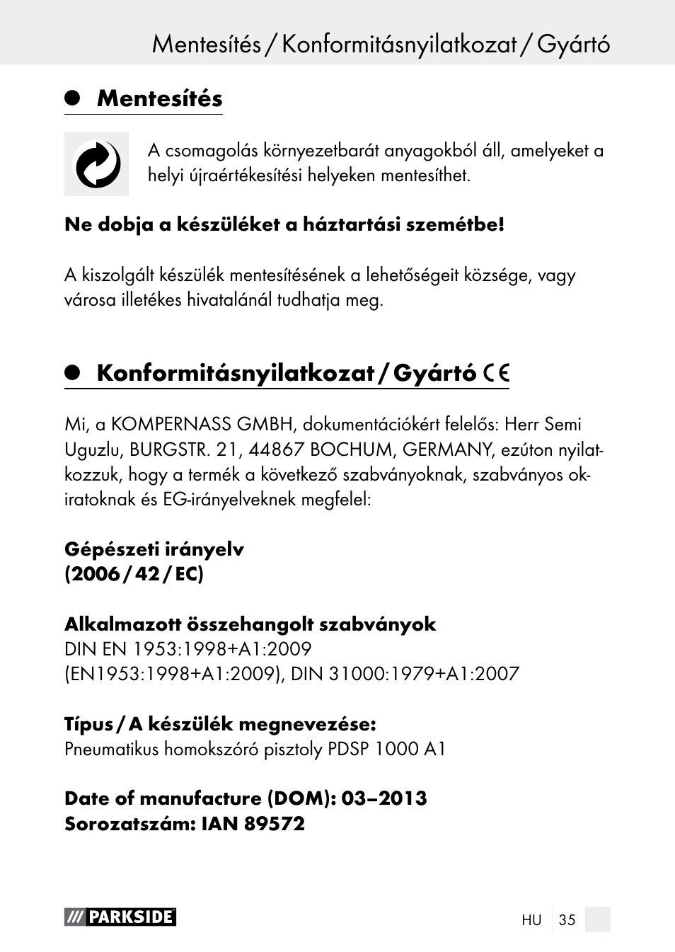 Mentesítés, Konformitásnyilatkozat / gyártó | Parkside PDSP 1000 A1 User Manual | Page 35 / 80