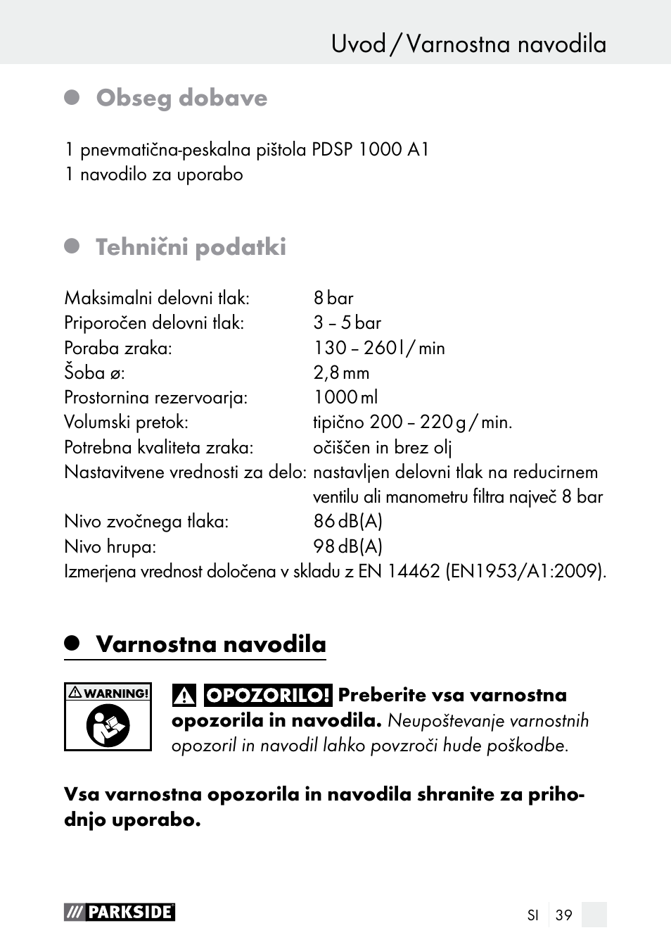 Uvod / varnostna navodila, Uvod, Obseg dobave | Tehnični podatki, Varnostna navodila | Parkside PDSP 1000 A1 User Manual | Page 39 / 80