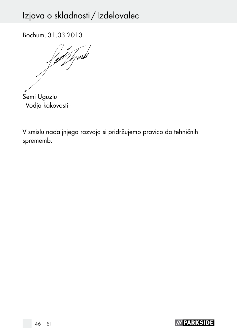 Garancijski list izjava o skladnosti / izdelovalec | Parkside PDSP 1000 A1 User Manual | Page 46 / 80