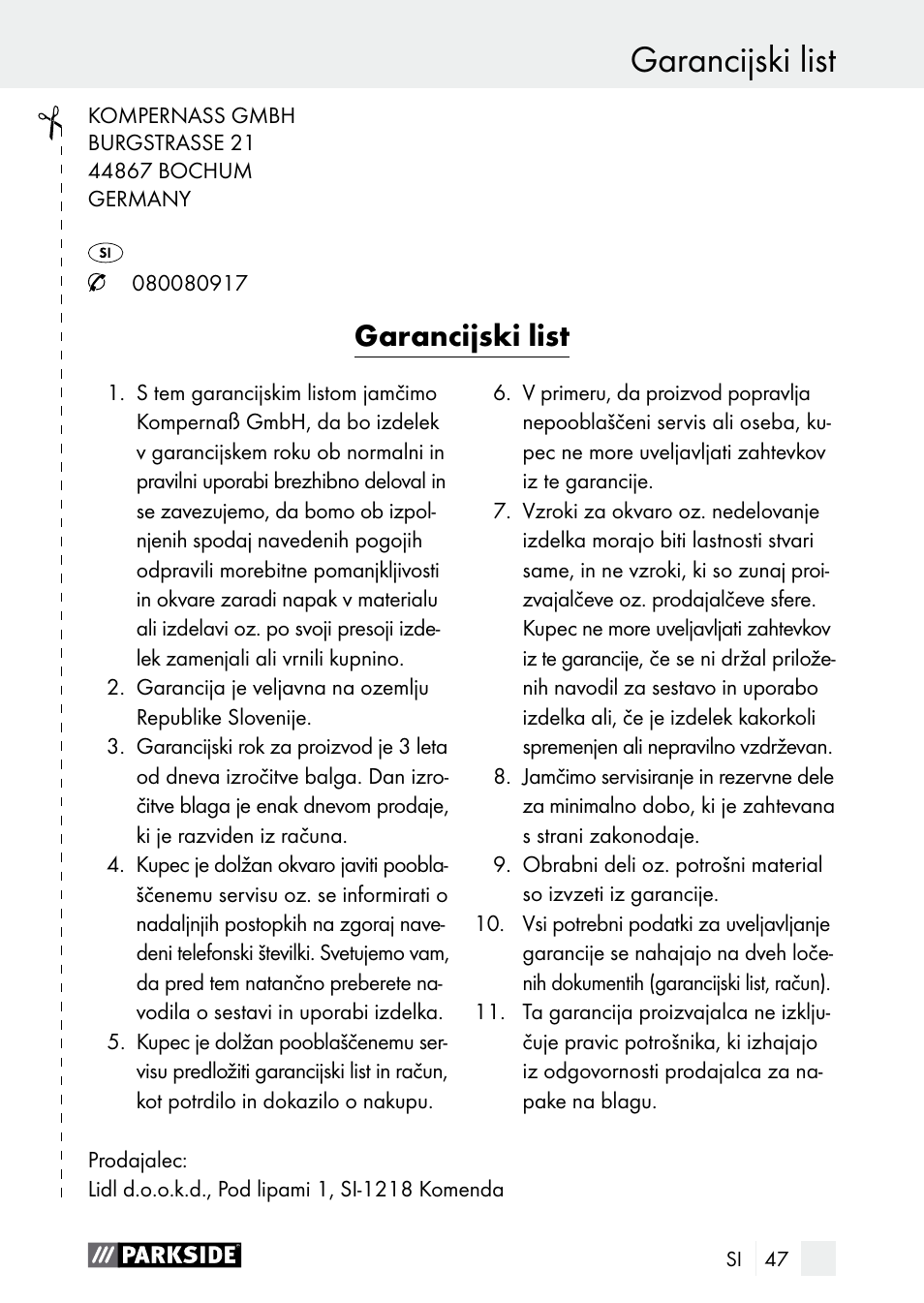 Garancijski list izjava o skladnosti / izdelovalec, Garancijski list | Parkside PDSP 1000 A1 User Manual | Page 47 / 80