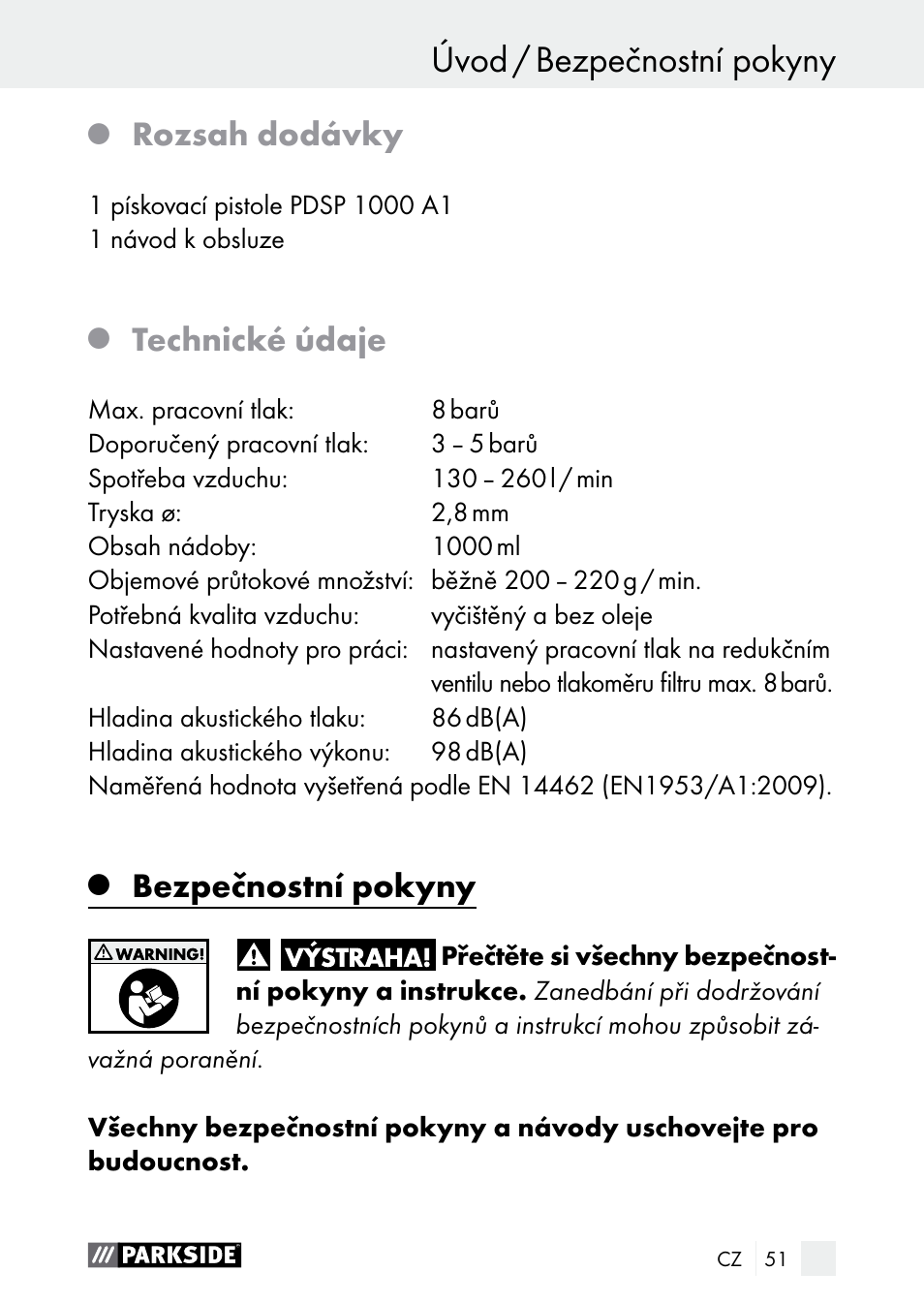 Úvod / bezpečnostní pokyny, Úvod, Rozsah dodávky | Technické údaje, Bezpečnostní pokyny | Parkside PDSP 1000 A1 User Manual | Page 51 / 80