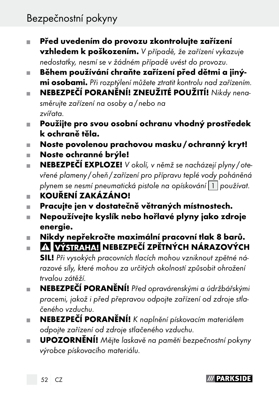 Bezpečnostní pokyny / obsluha bezpečnostní pokyny | Parkside PDSP 1000 A1 User Manual | Page 52 / 80