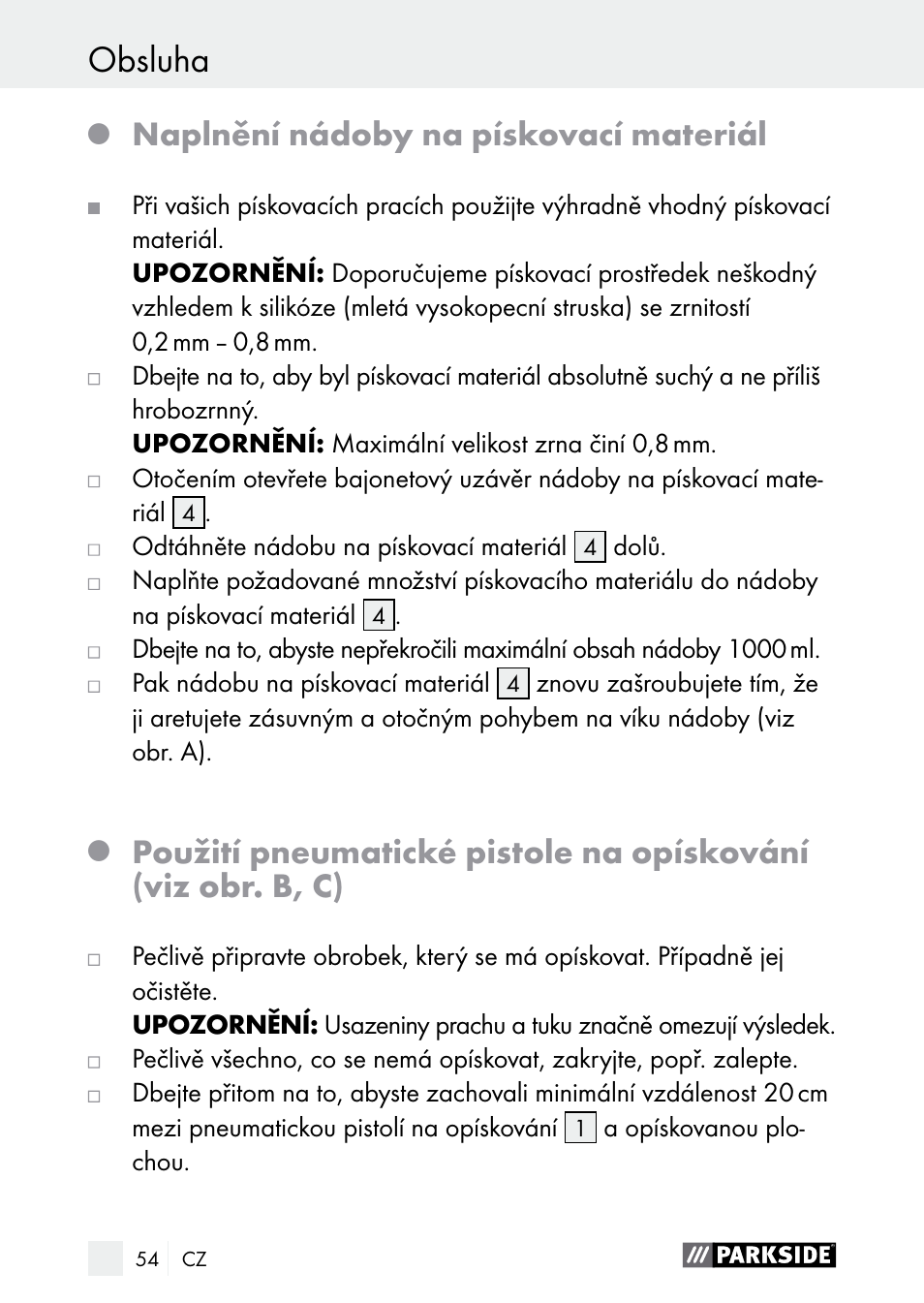Obsluha / čistění / servis obsluha, Naplnění nádoby na pískovací materiál | Parkside PDSP 1000 A1 User Manual | Page 54 / 80