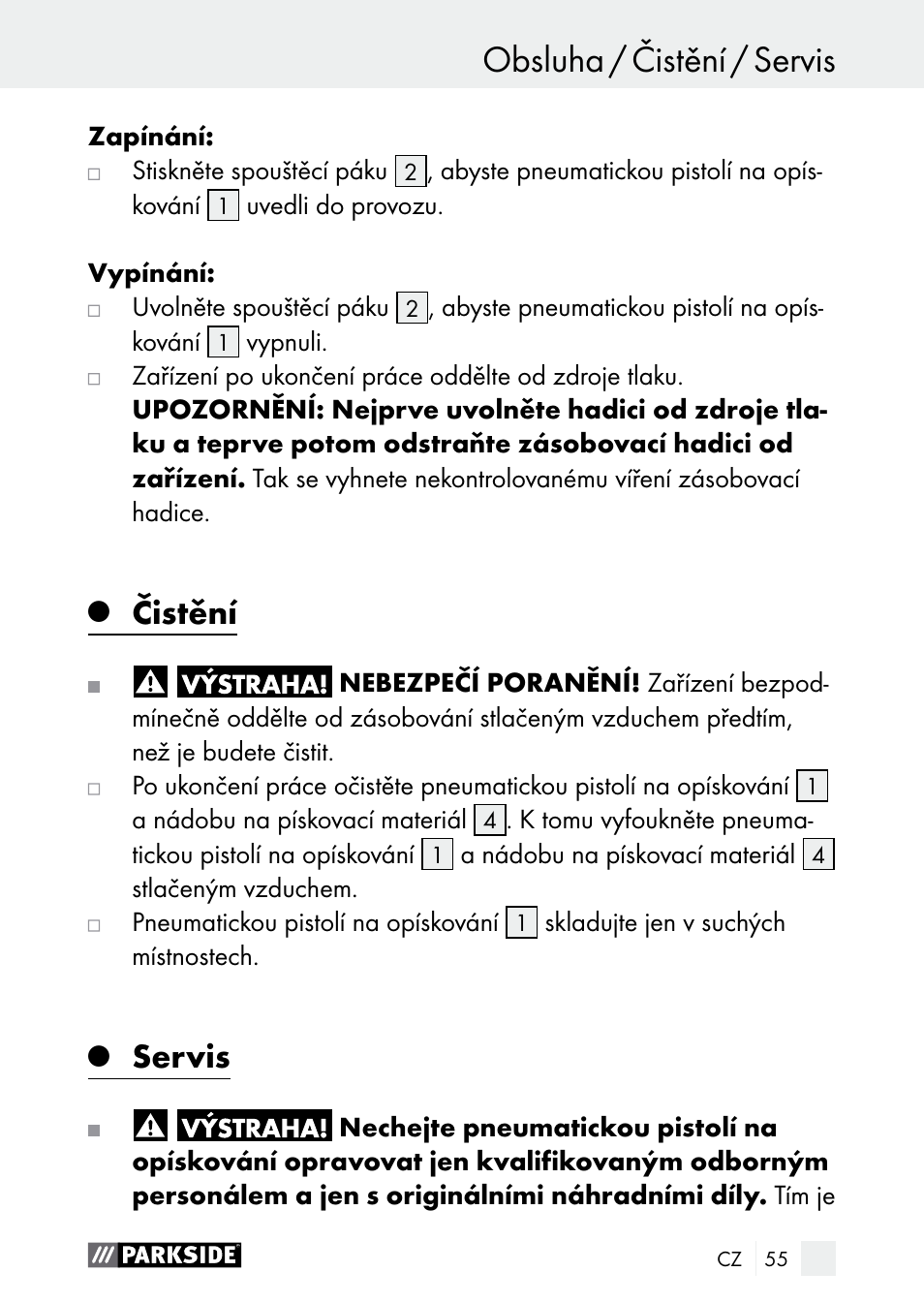 Obsluha / čistění / servis obsluha, Čistění, Servis | Parkside PDSP 1000 A1 User Manual | Page 55 / 80